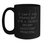 Funny Assistant Principal Gifts for Men, Women - Black Coffee Mug - I Can't Fix Stupid But I'm A Fairly Decent Assistant Principal Gifts from Friends and Family - Main